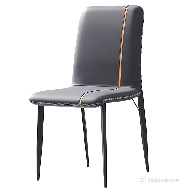 Modern Black Leather Dining Chair With Orange Stitching And Metal Legs 3d model 