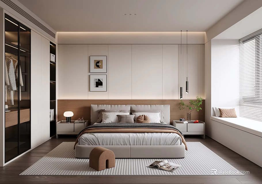 Modern Bedroom Interior Design With Glass Wardrobe Nightstands Framed Artwork And Textured Rug 3d model 