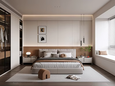 Modern Bedroom Interior Design With Glass Wardrobe Nightstands Framed Artwork And Textured Rug 3d model