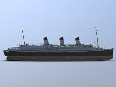 Vintage Warship with Three Red Funnels Dark Hull and Light Blue Sky Background 3d model