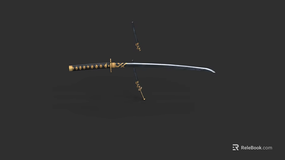 Traditional Japanese Samurai Sword Weapon With Gold Handle And Sharp Blade 3d model 