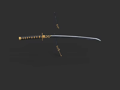 Traditional Japanese Samurai Sword Weapon With Gold Handle And Sharp Blade 3d model