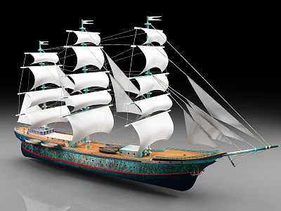Traditional Sailing Ship With White Sails Wooden Deck And Ornate Hull 3d model