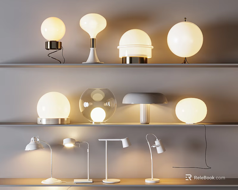 Modern Table Lamps In Various Styles Displayed On Shelves With Soft Glow 3d model 