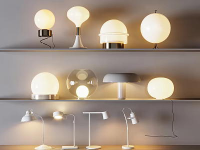 Modern Table Lamps In Various Styles Displayed On Shelves With Soft Glow 3d model
