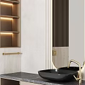 Modern Washbasin Vanity With Oval Mirror Stone Backsplash And Gold Faucet