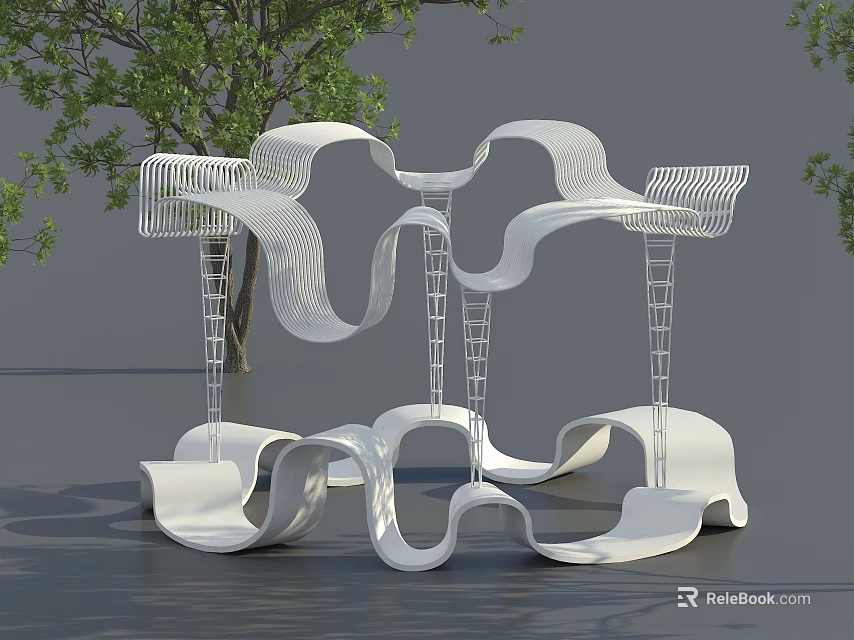 Modern White Pergola With Curved Structure And Metal Frame Near Trees 3d model 