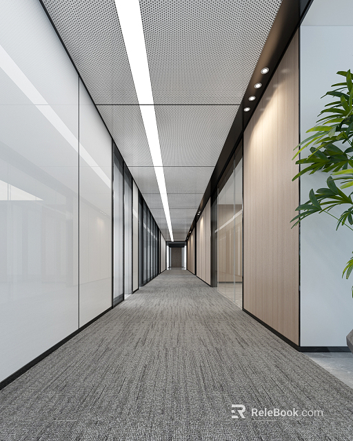 Modern Office Corridor Interior With Glass Partitions Wooden Walls Gray Carpet And Recessed Lighting 3d model 