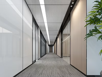 Modern Office Corridor Interior With Glass Partitions Wooden Walls Gray Carpet And Recessed Lighting 3d model