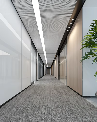 Modern Office Corridor Interior With Glass Partitions Wooden Walls Gray Carpet And Recessed Lighting 3d model