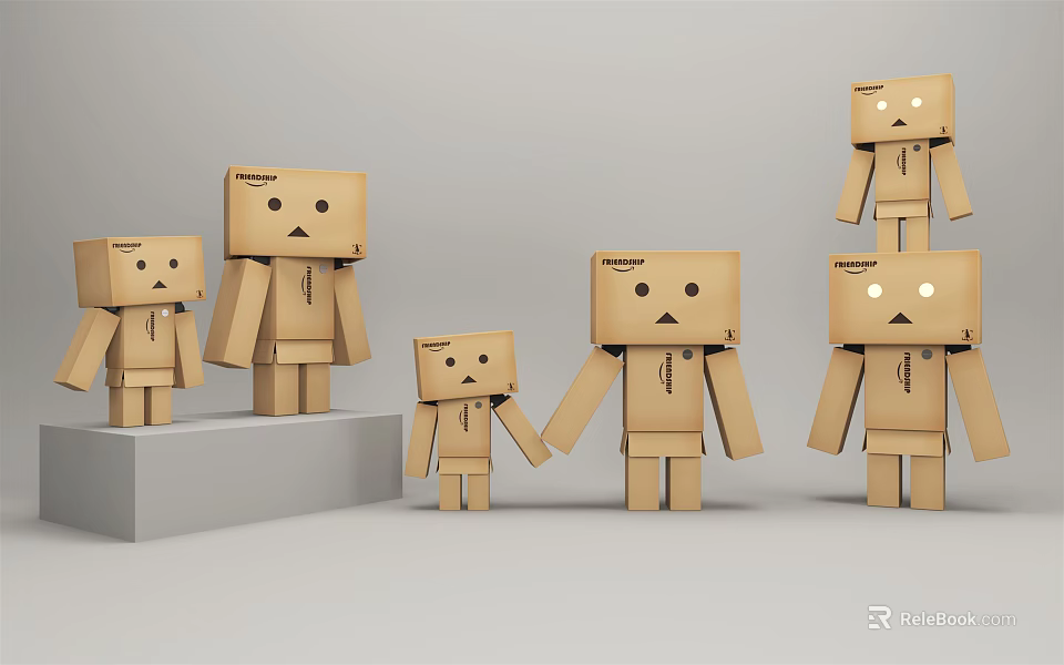 Adorable Cardboard Figures With Various Sizes Different Expressions Holding Hands Standing on Platform 3d model