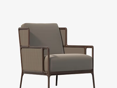 Modern Comfortable Leisure Chair With Wooden Frame Rattan Panels And Soft Gray Cushion 3d model
