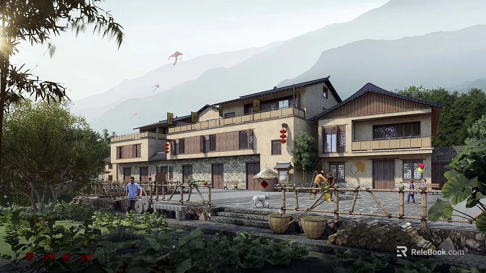 Traditional Chinese Detached Villa With Mountain Backdrop Courtyard And Red Lanterns 3d model 