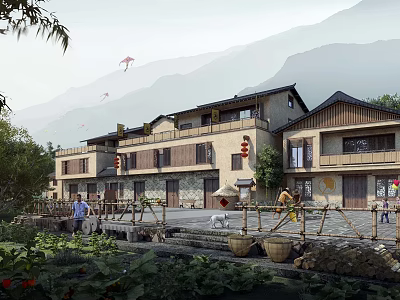 Traditional Chinese Detached Villa With Mountain Backdrop Courtyard And Red Lanterns 3d model