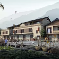Traditional Chinese Detached Villa With Mountain Backdrop Courtyard And Red Lanterns