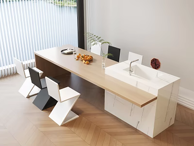 Modern Home Bar Counter With Wooden Top White Black Chairs And Herringbone Floor 3d model