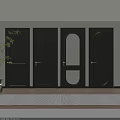 Black Hinged Doors With Golden Handles Round Glass Panel Modern Light Wall Wooden Floor