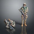 Game and Movie Military Characters in Camouflage Outfits Holding Rifles Standing and Prone