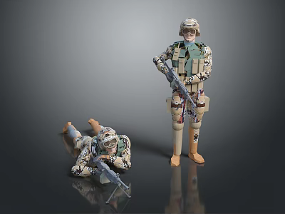 Game and Movie Military Characters in Camouflage Outfits Holding Rifles Standing and Prone 3d model