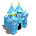 Colorful Cartoon Inflatable Castle With Blue Towers And Yellow Spires For Kids Play