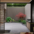 Modern Courtyard Garden With Stone Walls Red Maple Tree Green Plants And Stone Slab Flooring
