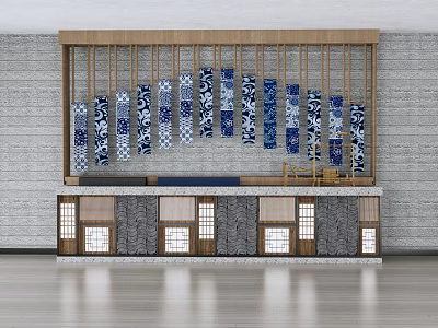 Traditional Modern Combined Display Shelves With Blue White Patterned Decorations Windows And Various Material Panels 3d model