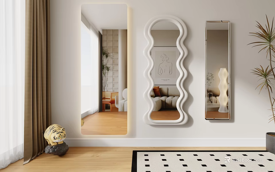 Modern Living Room Wall Decor With Illuminated Wavy And Rectangular Mirrors 3d model 