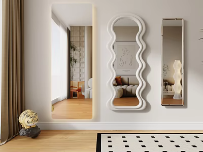 Modern Living Room Wall Decor With Illuminated Wavy And Rectangular Mirrors 3d model