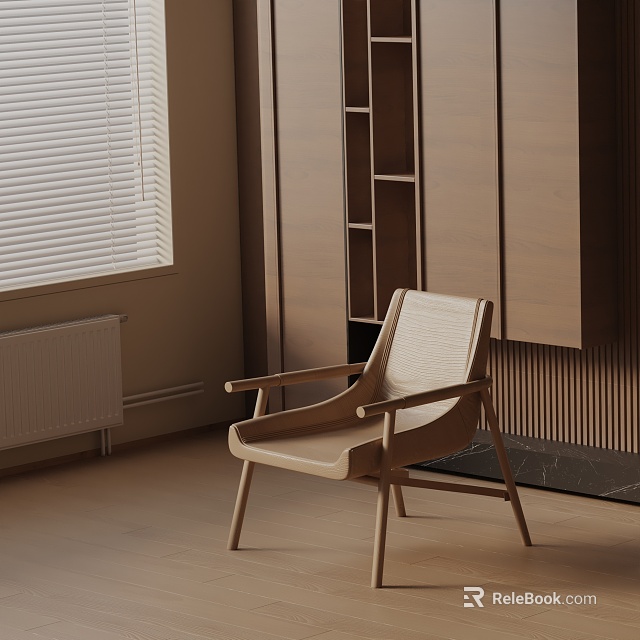 Minimalist Wooden Dining Chair in Modern Room with Wooden Cabinets and Window Blinds 3d model 