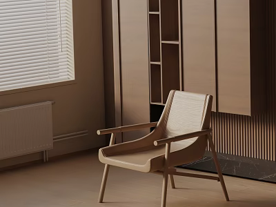 Minimalist Wooden Dining Chair in Modern Room with Wooden Cabinets and Window Blinds 3d model