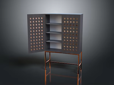 Modern Cabinet With Perforated Doors And Shelves On Copper Metal Frame 3d model