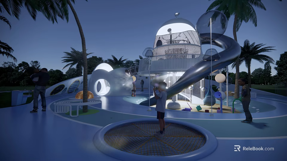 Modern Children's Play Area With Dome Slide Palm Trees And Interactive Lighting 3d model 