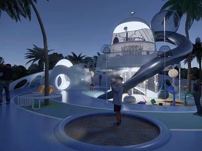 Modern Children's Play Area With Dome Slide Palm Trees And Interactive Lighting 3d model