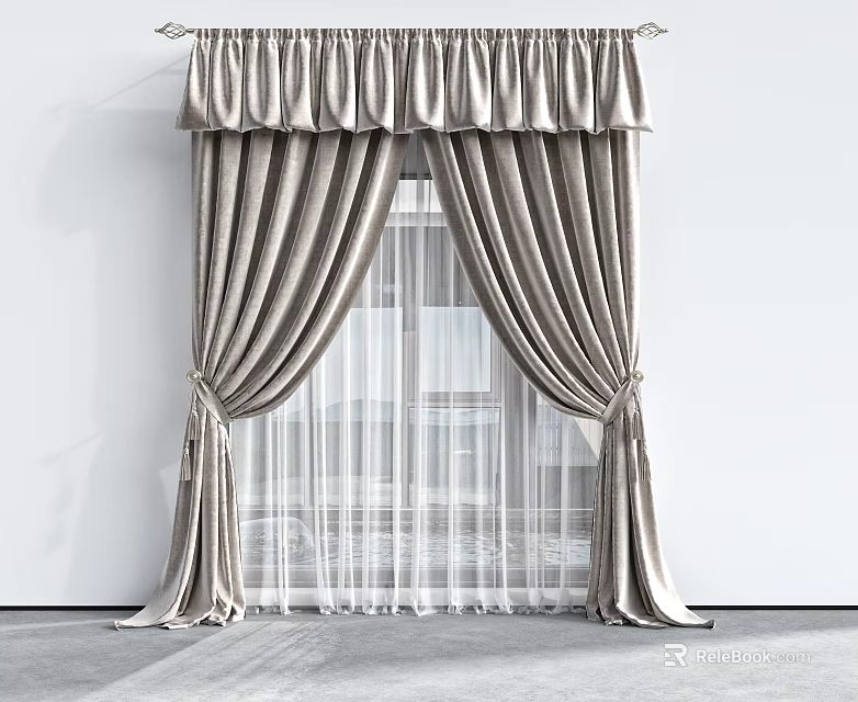 Elegant Pleated Curtains With Valance Tiebacks And Sheer Inner Layer For Modern Home Decor 3d model 