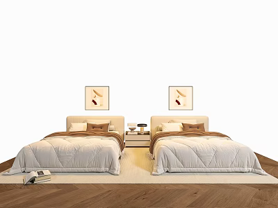 Single Beds With Beige Quilts Brown Pillows Nightstands Lamps Wall Paintings Above And Wooden Floor 3d model