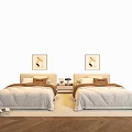 Single Beds With Beige Quilts Brown Pillows Nightstands Lamps Wall Paintings Above And Wooden Floor