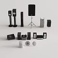 Diverse Headphones and Speakers Collection Featuring Floor Standing Bookshelf and Compact Audio Systems