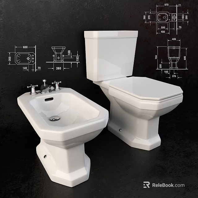 White Modern Toilet And Bidet With Technical Drawings Showing Dimensions 3d model 