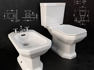 White Modern Toilet And Bidet With Technical Drawings Showing Dimensions 3d model