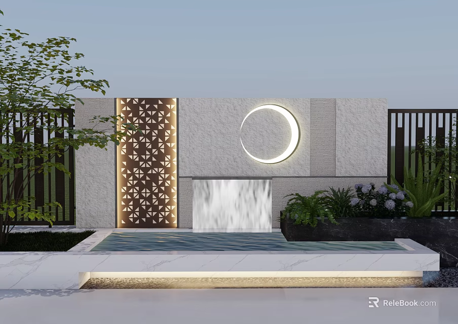 Modern Stone Feature Wall Design With Circular Light Waterfall And Green Plants 3d model