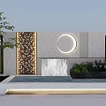 Modern Stone Feature Wall Design With Circular Light Waterfall And Green Plants 3d model
