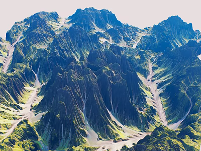 Breathtaking Aerial View Of Mountain Range With Rocky Peaks Green Valleys And Lush Vegetation 3d model
