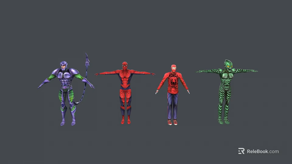 Game And Movie Character 3D Models With Four Characters Various Costumes Purple Red Green Outfits In Standing Poses 3d model 