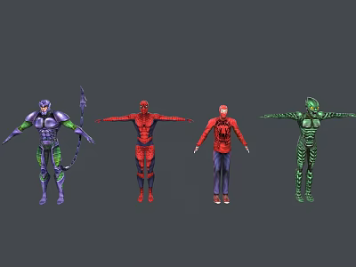 Game And Movie Character 3D Models With Four Characters Various Costumes Purple Red Green Outfits In Standing Poses 3d model