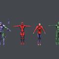Game And Movie Character 3D Models With Four Characters Various Costumes Purple Red Green Outfits In Standing Poses