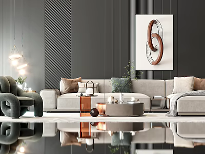 Modern Sofa And Coffee Table Set With Light Gray Pillows Decorative Items And Wall Art 3d model