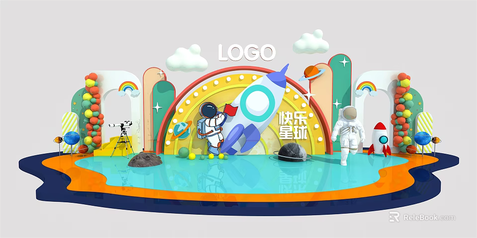 Kids Playground Theme Scene With Astronauts Rocket Rainbow Clouds And Colorful Elements 3d model