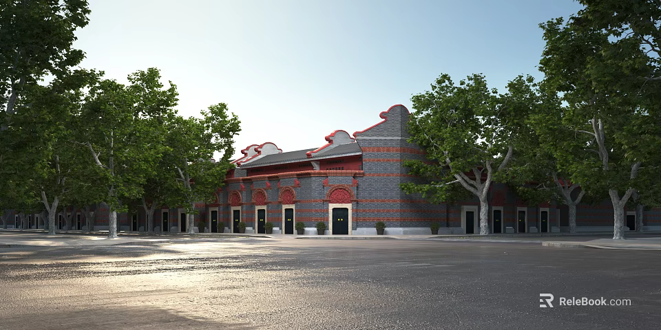 Traditional Ancient Architecture With Red Brick Walls Curved Roof And Green Trees Surrounding 3d model 