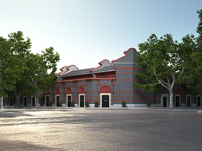 Traditional Ancient Architecture With Red Brick Walls Curved Roof And Green Trees Surrounding 3d model