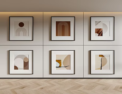 Six Framed Decorative Paintings With Geometric Patterns On Light Wall And Wooden Herringbone Floor 3d model